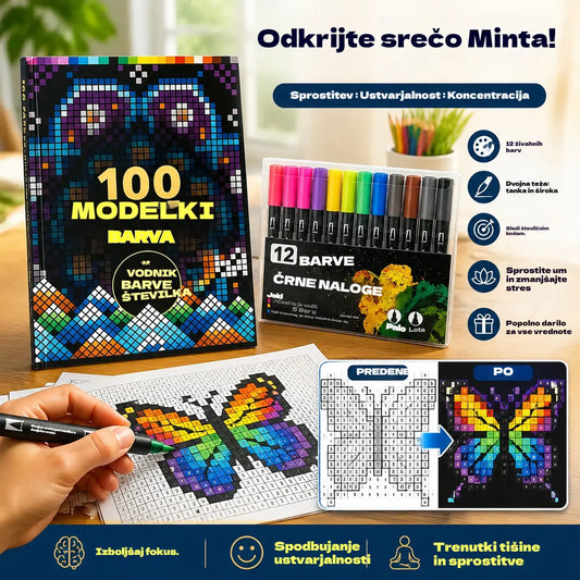 🛍️ Komplet pobarvank proti stresu "100 vzorcev za čuječe barvanje" 🎨 Barvanje po številkah za odrasle in starejše | 100 vzorcev (rože, mandale) + komplet flomastrov vključen, trening možganov in sprostitev