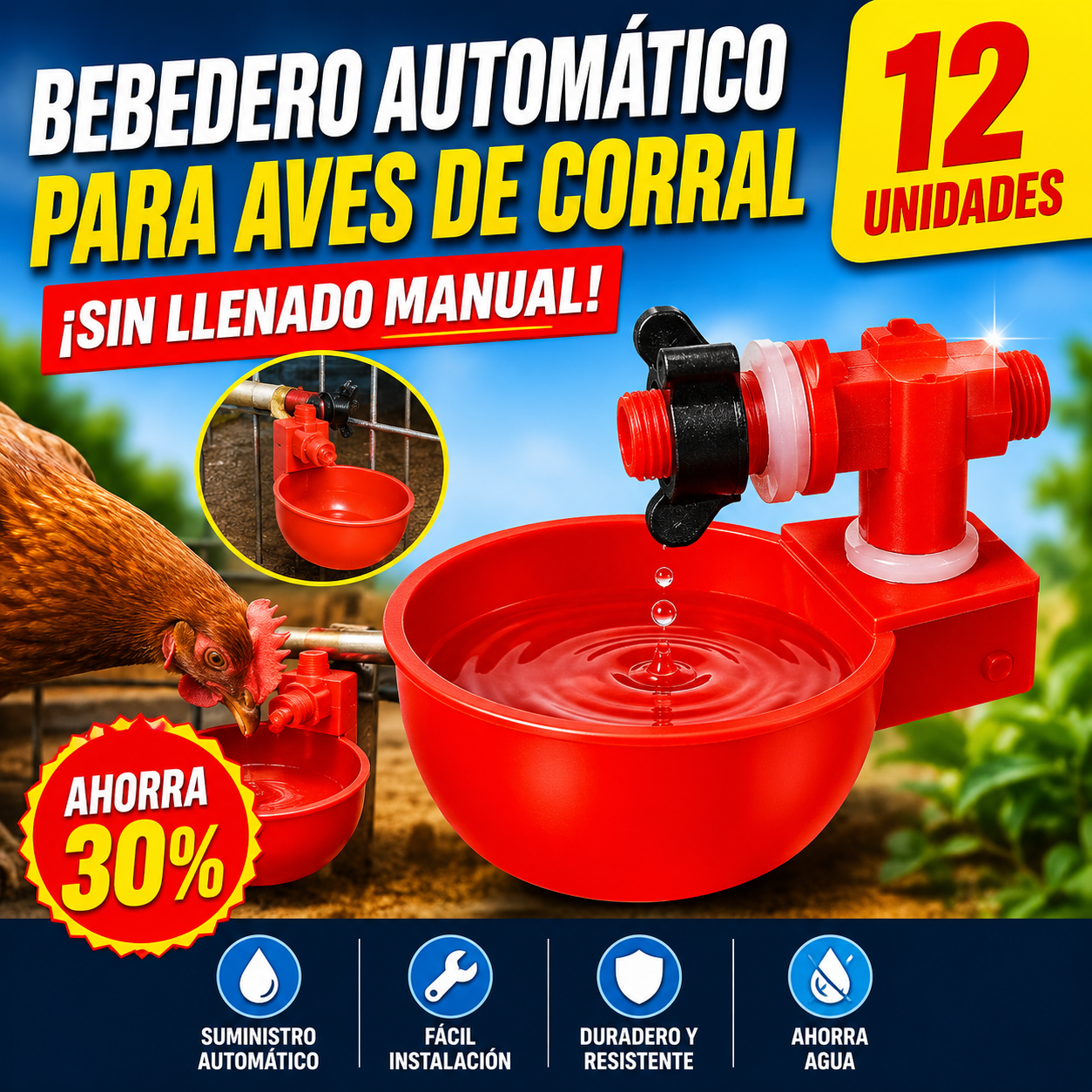 🔥【30% OFF】🔥【12 piezas】🐓Bol de agua automático para aves de corral, sin necesidad de alimentación manual