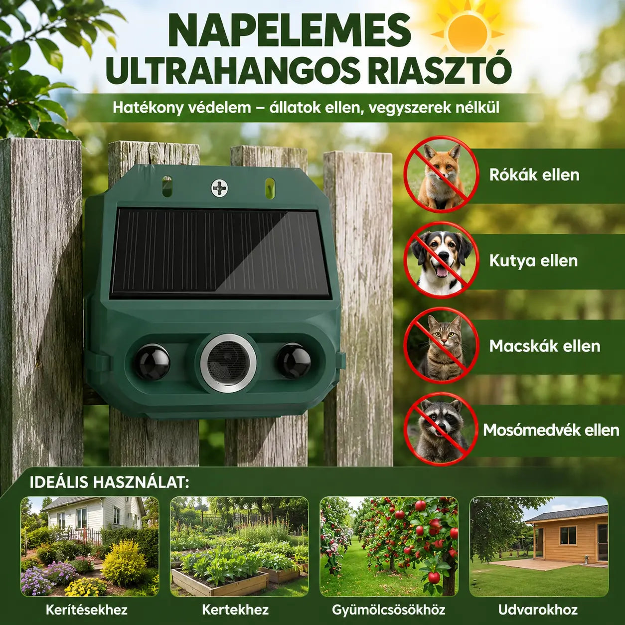🔥🔥Kültéri ultrahangos napelemes állatriasztó: Elriasztja a madarakat és az állatokat.
