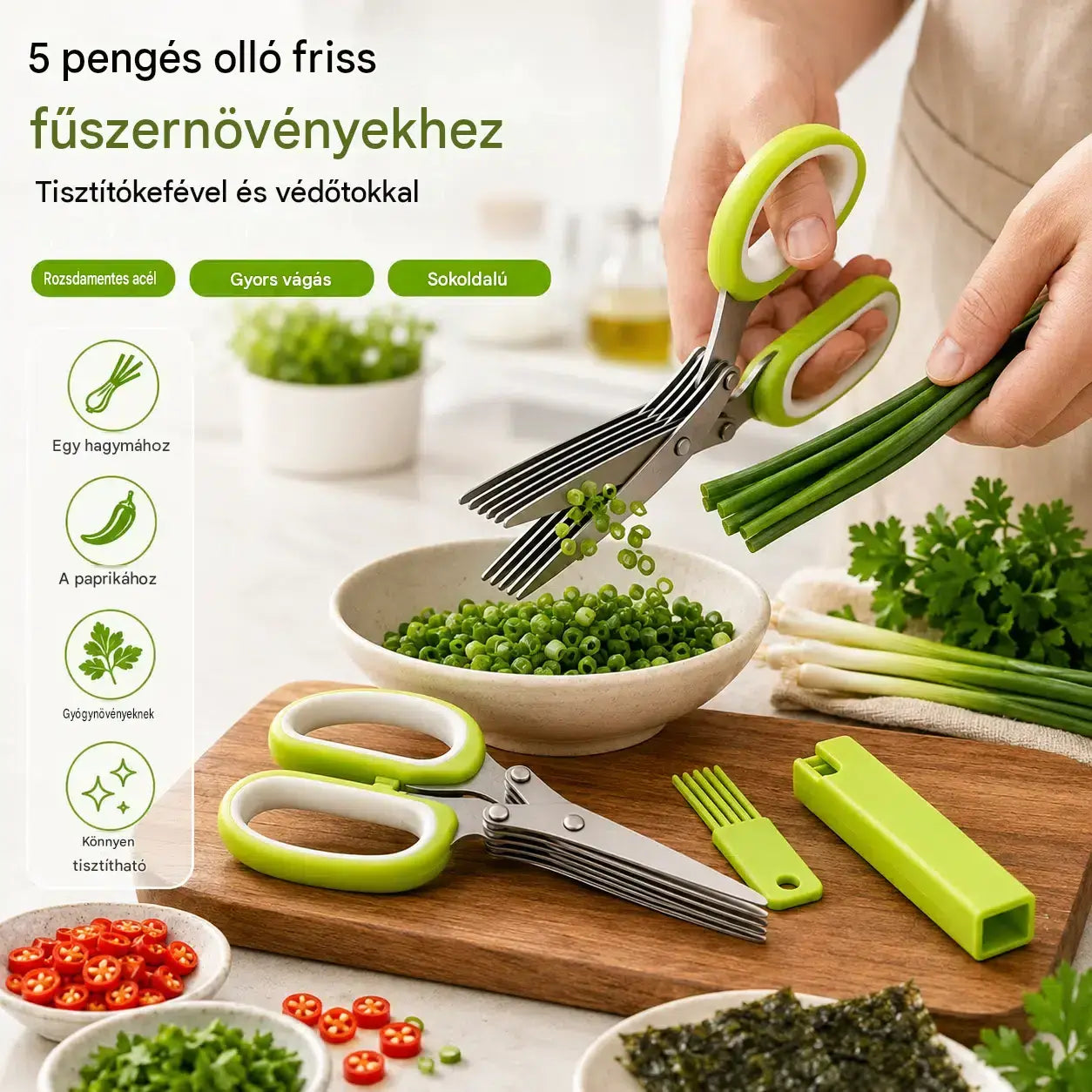 🌿 5 pengés fűszernövény olló – Gyors konyhai vágó friss fűszernövényekhez és fűszerekhez