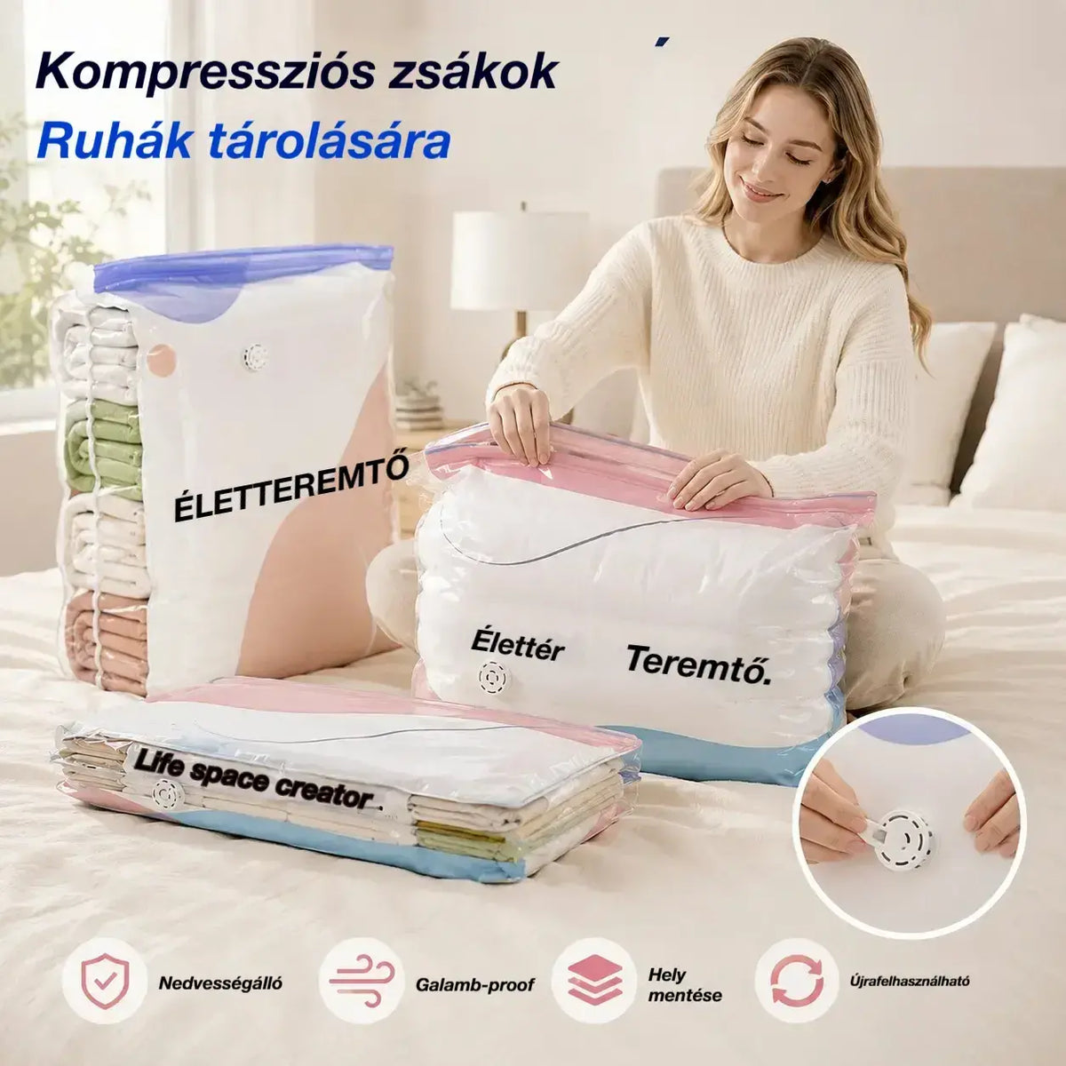 👕📦 [5 részes készlet mindössze 9 300 Ft-ért] Kompressziós ruhatároló zsákok; nem igényel porszívózást, megerősített kialakítás.