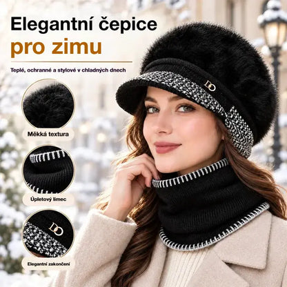 ❄️Stylová zimní kombinéza: baseballová čepice ze směsi králičí kožešiny s klapkami na uši + pletená šála!