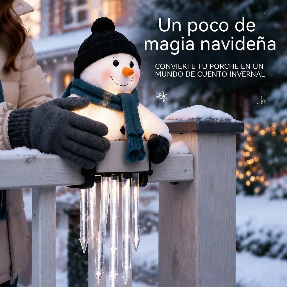 ☃️🎁 Decoración luminosa de muñeco de nieve para barandilla con carámbanos colgantes – Decoración navideña para el porche🎄