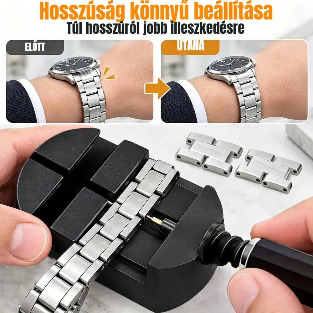 ⌚ Óraszíj-állító szerszámkészlet | 11 darabos készlet láncszemek eltávolításához, szíjak cseréjéhez és rövidítéséhez