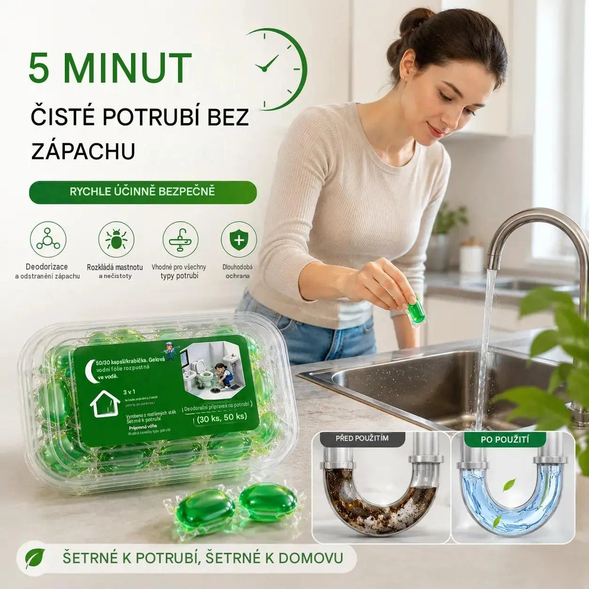 2 balení (100 tablet) 👍Vo vodě rozpustné kapsle pro eliminaci zápachu z odtoků – dokonalé řešení k zamezení šíření zápachu v koupelnách a kuchyních.