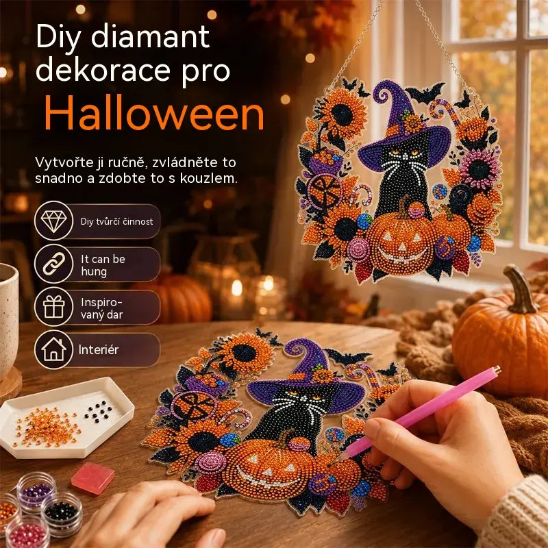 🍁🎃Halloweenská dekorace na okno - diamantový obraz, 4 veselé vzory, velikost 25×25 cm