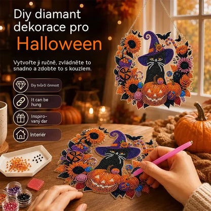 🍁🎃Halloweenská dekorace na okno - diamantový obraz, 4 veselé vzory, velikost 25×25 cm