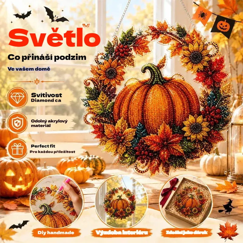 🍁🎃Halloweenská dekorace na okno - diamantový obraz, 4 veselé vzory, velikost 25×25 cm