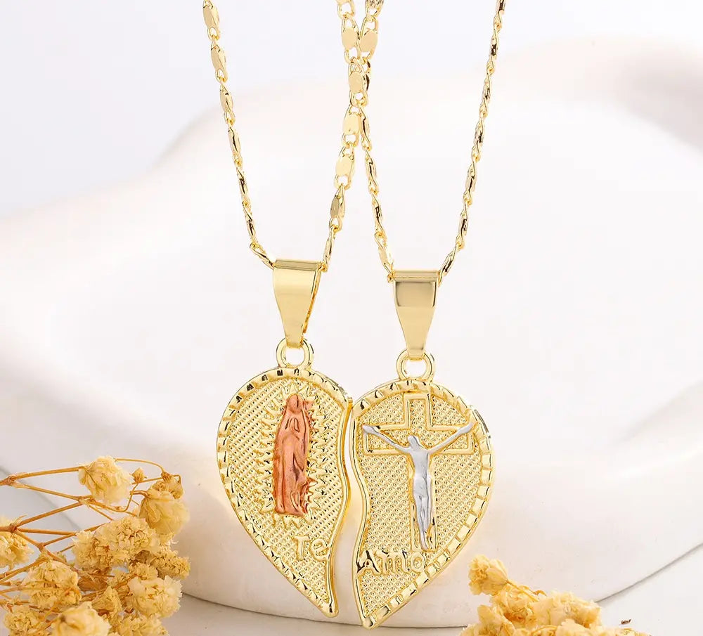 🙏✝Collar de pareja con oraciones y corazones superpuestos de la Virgen María