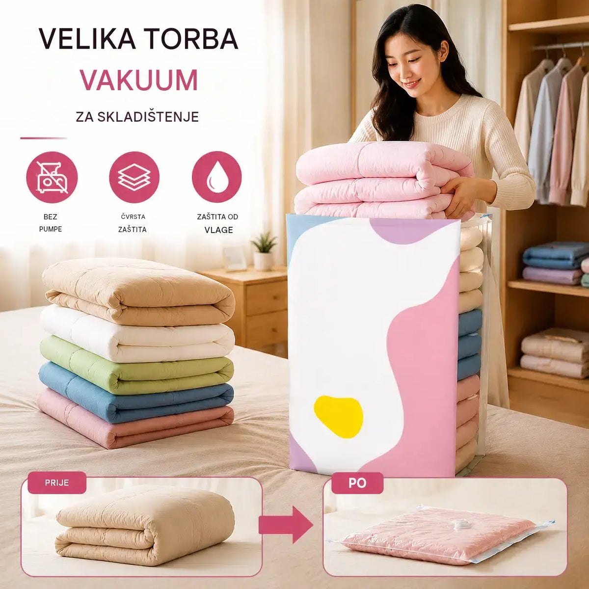 🧳【Set od 5 dijelova】💨 Velika, stlačiva vakuumska vrećica za pohranu: nije potrebna pumpa, nepropusna je i idealna za uštedu prostora u koferima i kod kuće ✈️