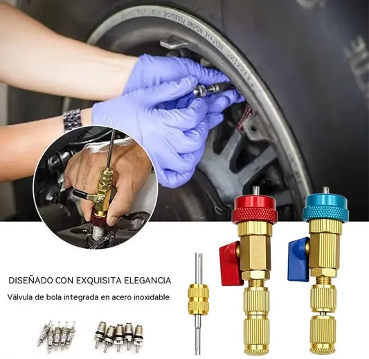 🔧 Kit de herramientas para núcleos de válvula de A/C R134a – Juego de montaje y desmontaje con acopladores rápidos para alta y baja presión | Herramienta para servicio y reparación de sistemas de refrigeración automotriz