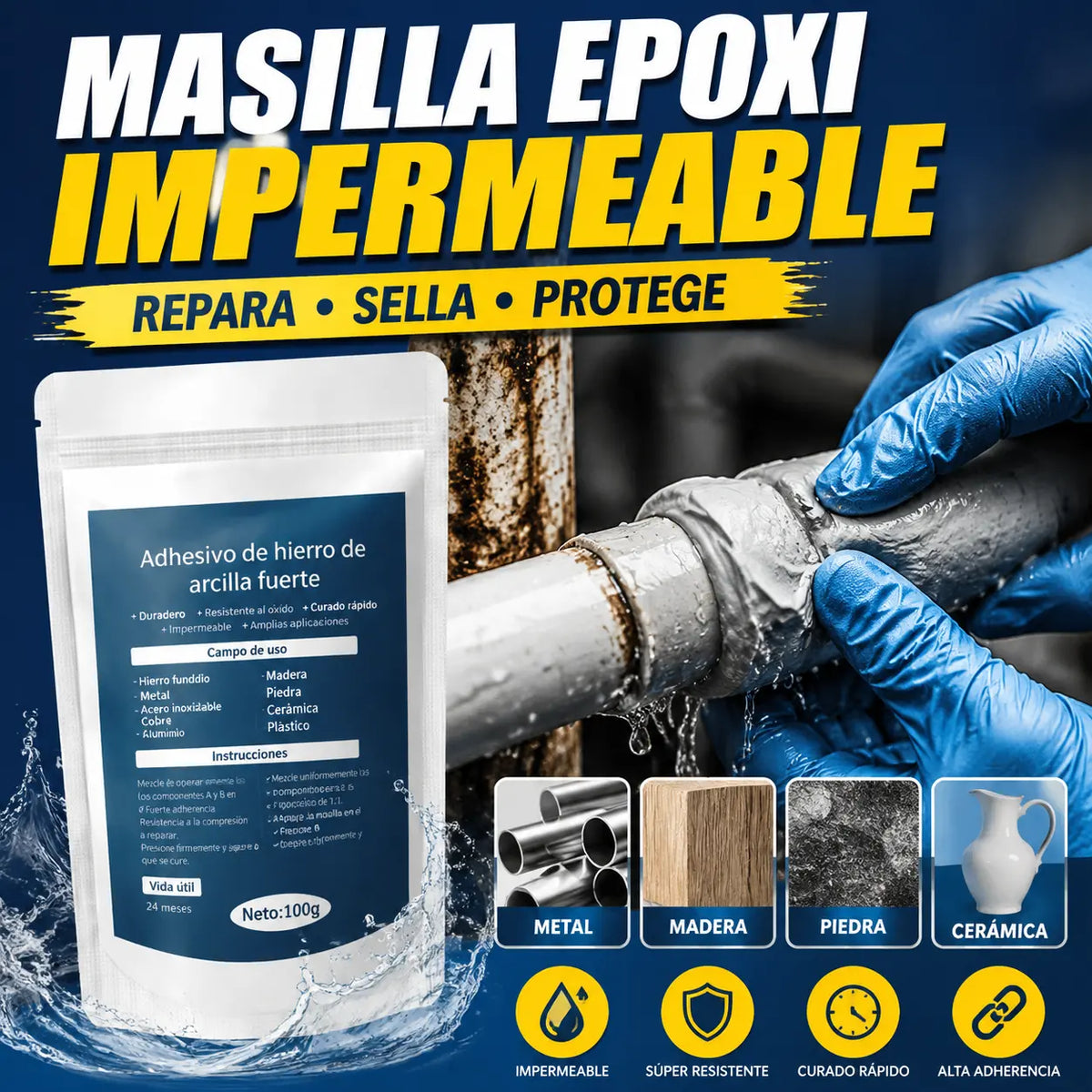 🔥【Compra 1 y llévate 1 gratis】✨ Pegamento epoxi resistente al agua para metal | Adhesivo de secado rápido para reparación de metal, madera, piedra y cerámica