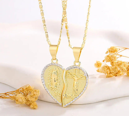🙏✝Collar de pareja con oraciones y corazones superpuestos de la Virgen María
