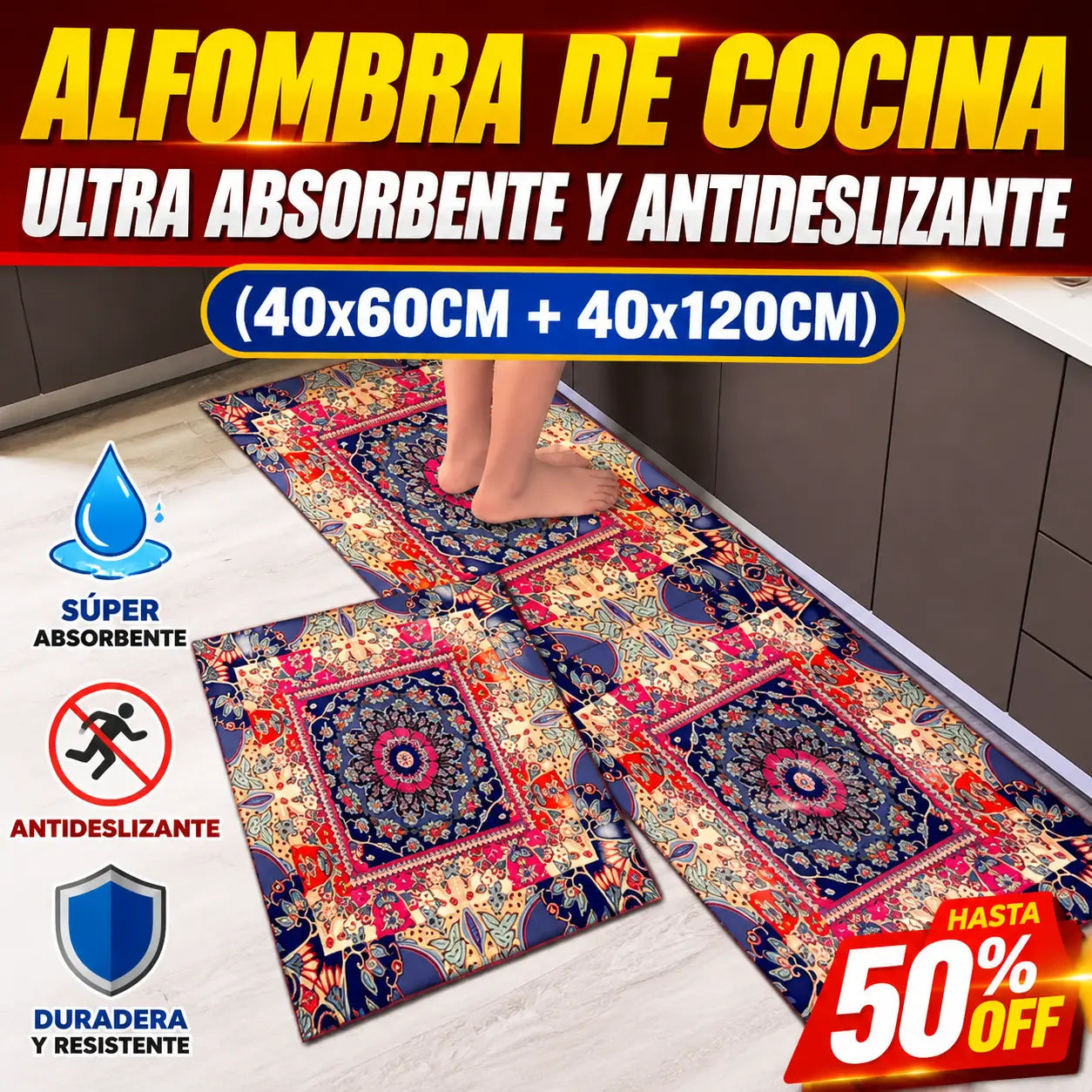 🔥【Compra 1 y llévate 1 gratis】🧽 (40*60 cm + 40*120 cm)✨ Alfombra de cocina de diatomita antideslizante súper absorbente