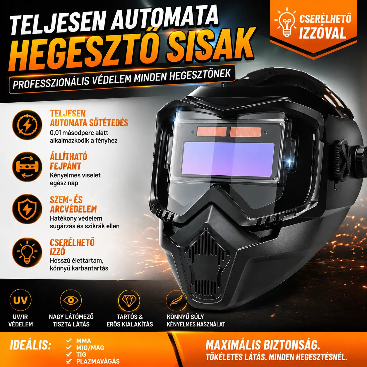 🔥😎Teljesen automatikus hegesztőálarc⚡Intelligens fénybeállítás, professzionális védelem