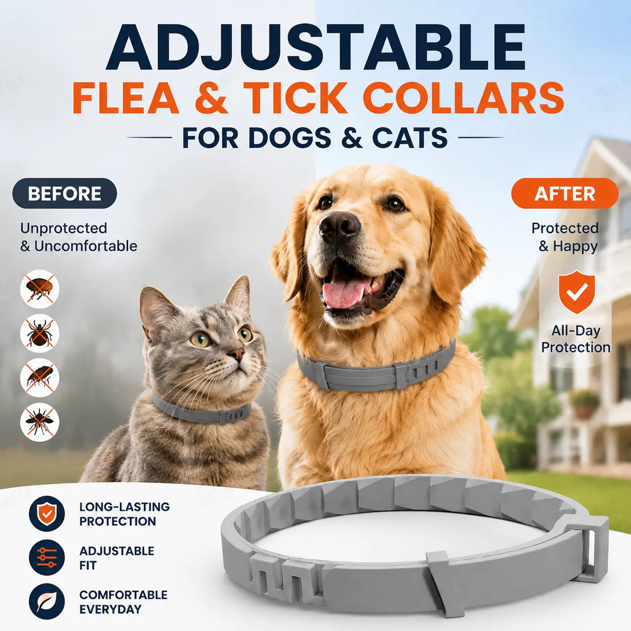(3 piezas) Collar ajustable antipulgas y antigarrapatas para perros y gatos