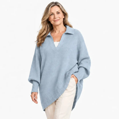 🌸【XS-5XL】Elegáns és maximális kényelem, bő szabású, V-nyakú kötött pulóver lehajtott gallérral｜Minden testalkatra alkalmas, elrejti a felesleges zsírt!