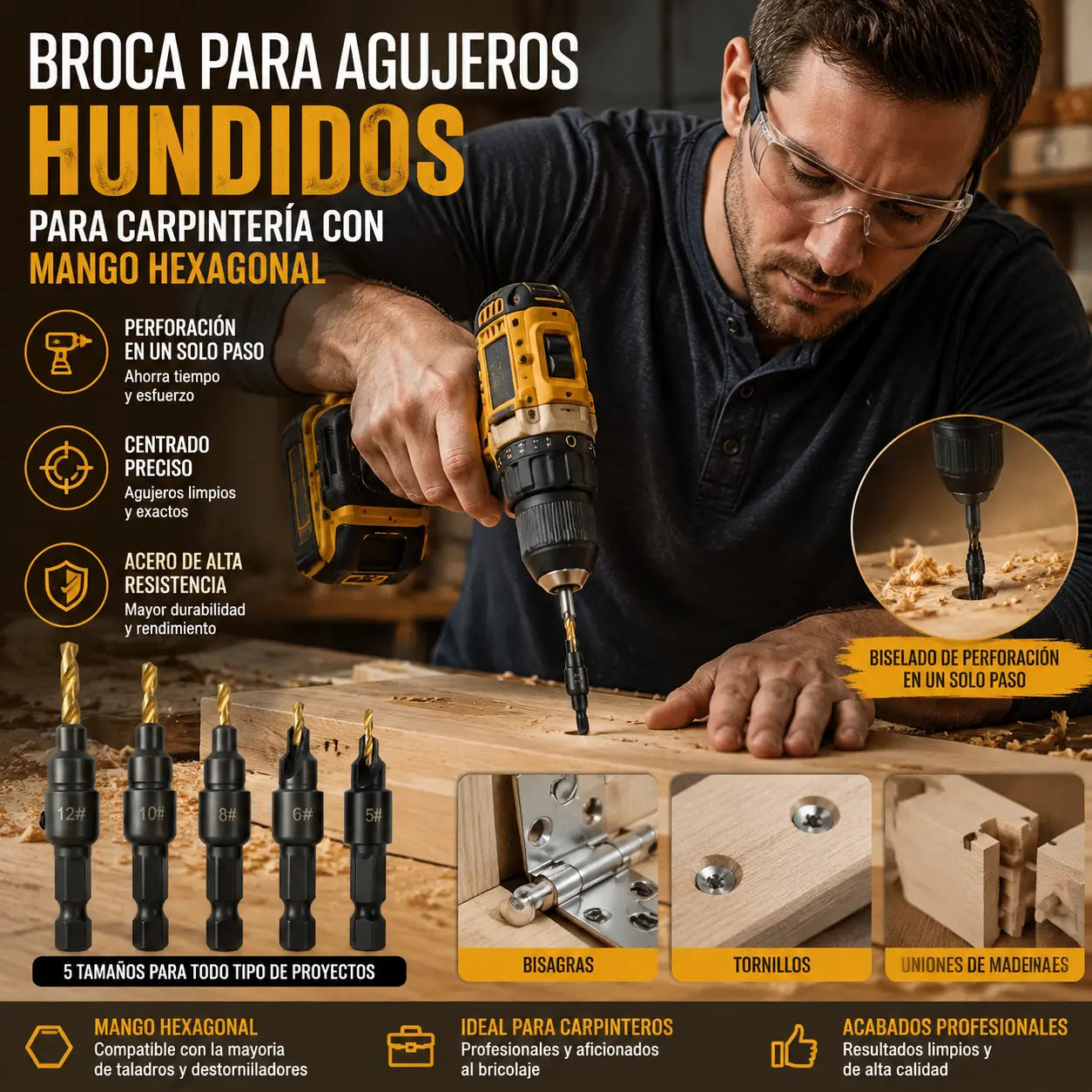 🔧🔧【Juego de 5 piezas por 25 €】 Juego de herramientas de biselado para carpintería con mango hexagonal de 1/4 de pulgada, apto para trabajos de carpintería, incluye llaves en forma de L #5 #6 #8 #10 #12