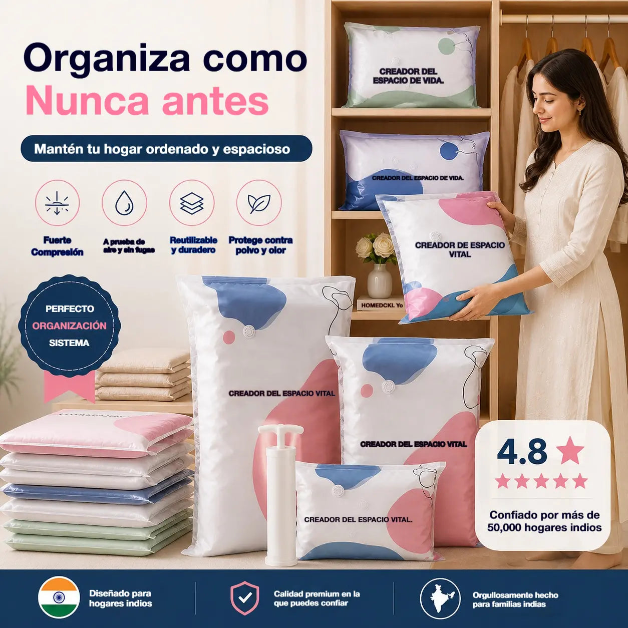 🧳【Juego de 5 piezas 28 euros】💨 Bolsa de almacenamiento al vacío grande y compresible: no requiere bomba, es a prueba de fugas e ideal para ahorrar espacio en maletas y en casa ✈️