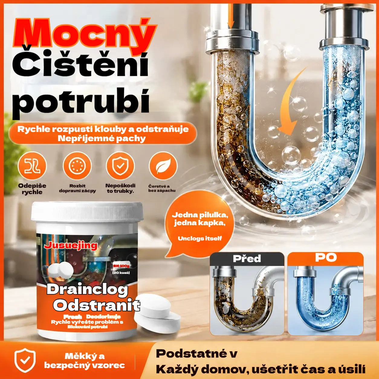 🔥50% SLEVA 【2 za 530 Kč】❤️ Výkonné šumivé čisticí tablety, které rychle rozpouštějí ucpání způsobené mastnými vlasy, uvolňují ucpané odtoky; jsou také deodorizující a antibakteriální.