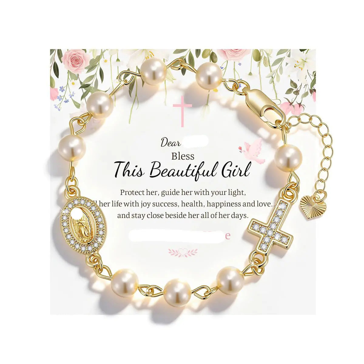 ✝️ Pulsera con cruz y piedra natal chapada en oro de 18 quilates ----- Pulsera con cruz y cuentas