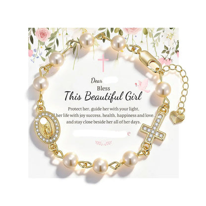 ✝️ Pulsera con cruz y piedra natal chapada en oro de 18 quilates ----- Pulsera con cruz y cuentas