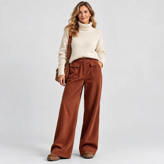 👖【S-3XL】Női kordbársony nadrág őszi/téli viseletre - laza szabású, magas derekú, dupla zsebes, egyenes szárú, plus size lezser stílus
