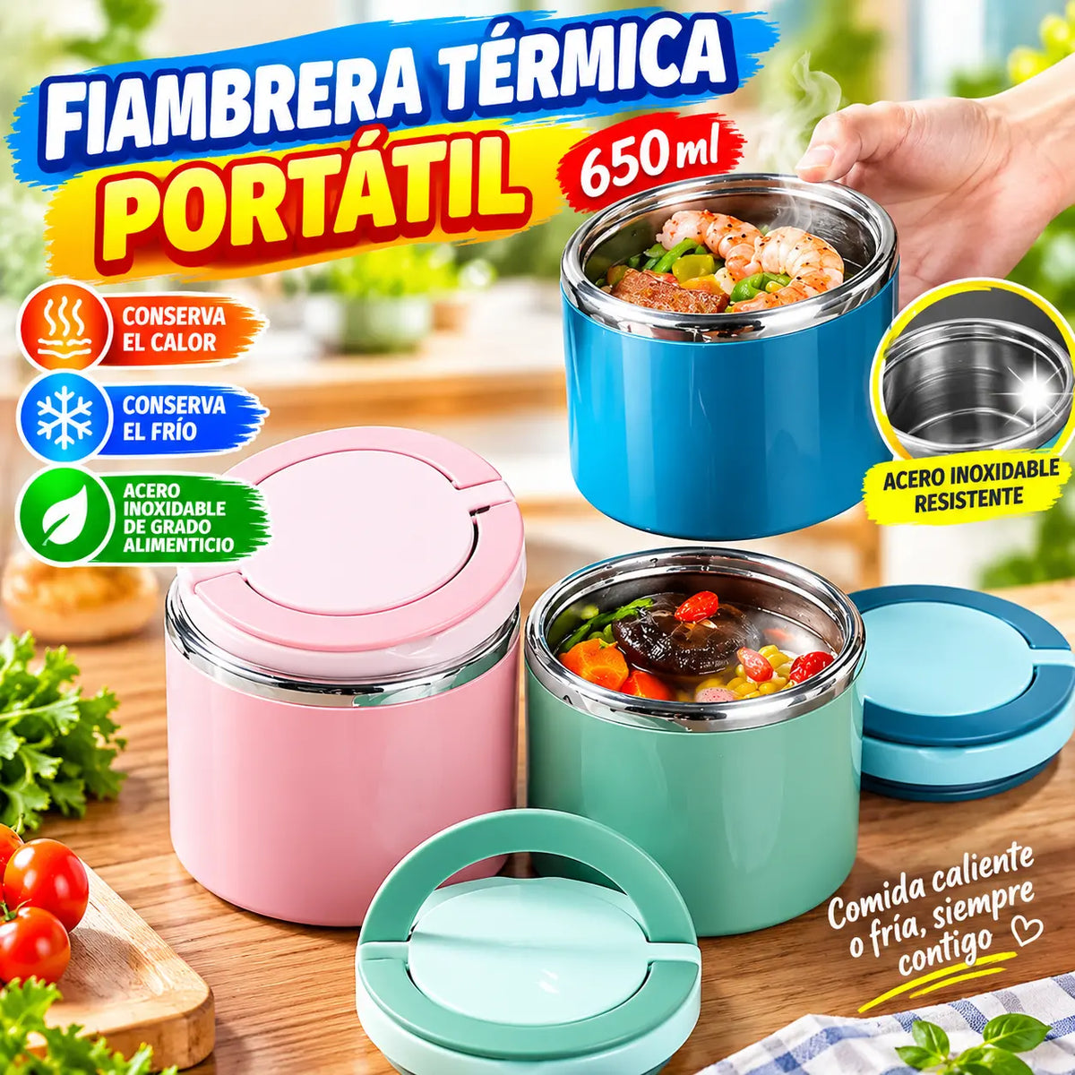 🔥【Compra uno y llévate otro gratis】🔥【650 ml】🥗 Fiambrera térmica portátil de acero inoxidable reforzado de grado alimentario
