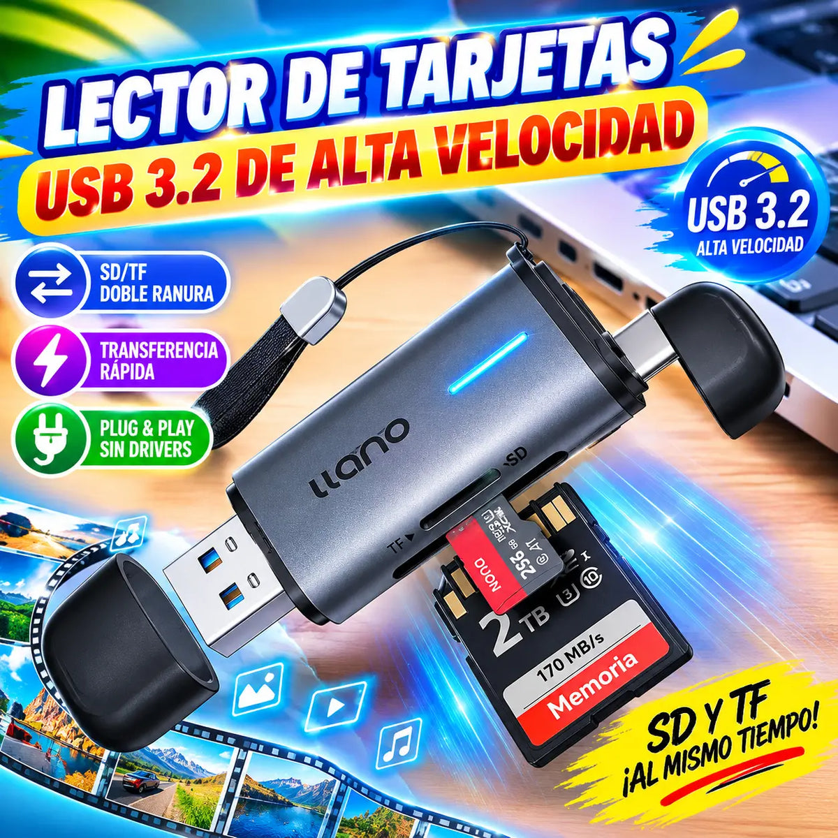 📲💻⚡ Lector de tarjetas USB 3.2 de alta velocidad | Lectura de tarjetas SD/TF duales, sin necesidad de controladores, Plug and Play 🚀