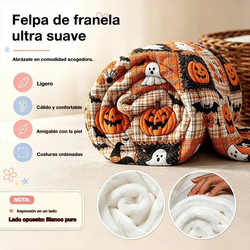 🎃【70x100cm】Manta de franela con estampado de calabazas y murciélagos de Halloween, suave, ligera y cómoda, ideal para sofás y camas.