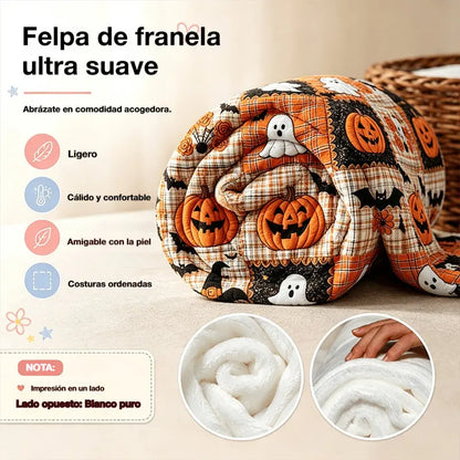 🎃【70x100cm】Manta de franela con estampado de calabazas y murciélagos de Halloween, suave, ligera y cómoda, ideal para sofás y camas.