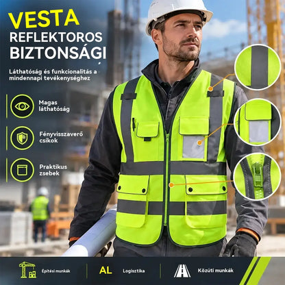 🦺 Többzsebes, fényvisszaverő munkavédelmi mellény – Maximális, 360 fokos láthatóság és praktikusság bármilyen munkakörnyezetben!