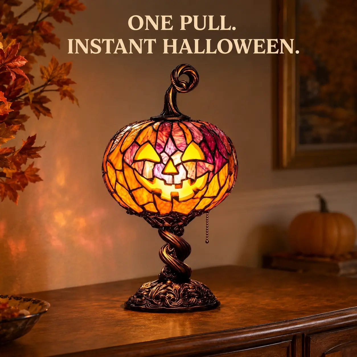 🔥Más vendido🔥👻🎃Lámpara de mesa luminosa con forma de calabaza - Lámpara de mesa de estilo retro con vidrieras