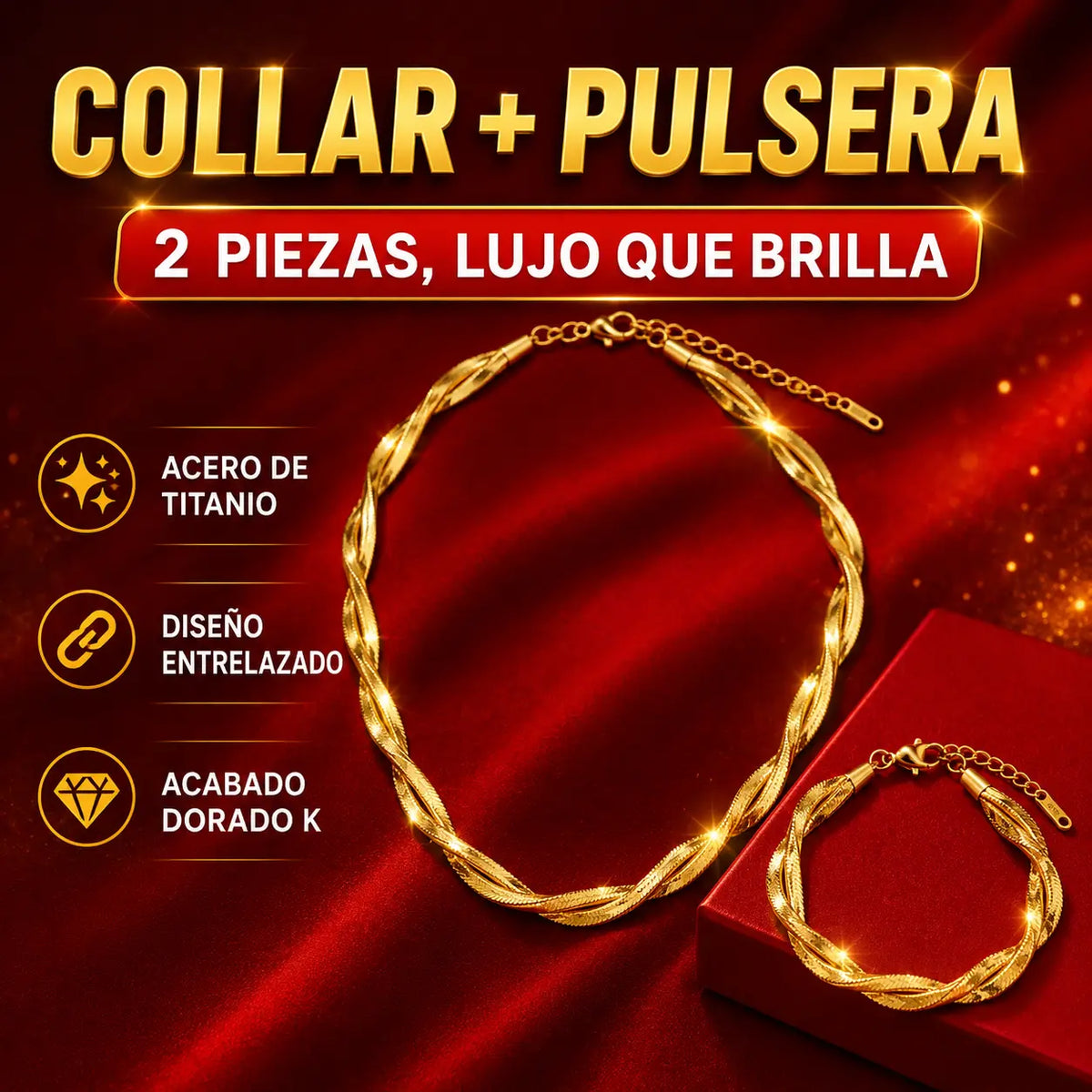 🔥🎁【Collar + Pulsera】💎 Conjunto de collar y pulsera de acero de titanio con diseño entrecruzado en color dorado K de aspecto lujoso