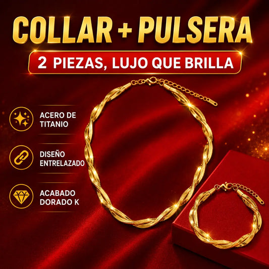 🔥🎁【Collar + Pulsera】💎 Conjunto de collar y pulsera de acero de titanio con diseño entrecruzado en color dorado K de aspecto lujoso