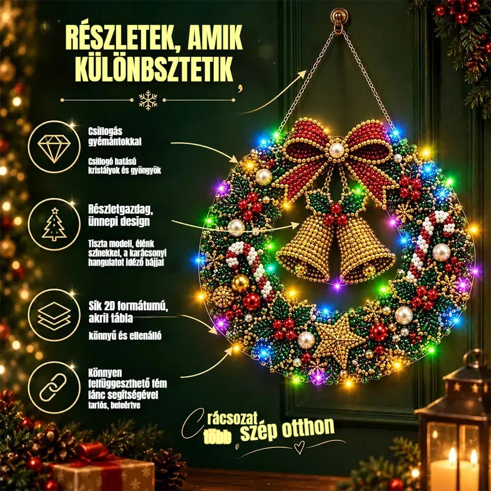 🎄 Karácsonyi koszorú gyémántokkal, gyöngyökkel és LED-lámpákkal! Tartós akrillap · 9 ünnepi dizájn · Tökéletes dekoráció ajtókra, falakra és ablakokra · Lélekkel készült ajándék!