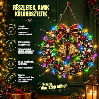 🎄 Karácsonyi koszorú gyémántokkal, gyöngyökkel és LED-lámpákkal! Tartós akrillap · 9 ünnepi dizájn · Tökéletes dekoráció ajtókra, falakra és ablakokra · Lélekkel készült ajándék!