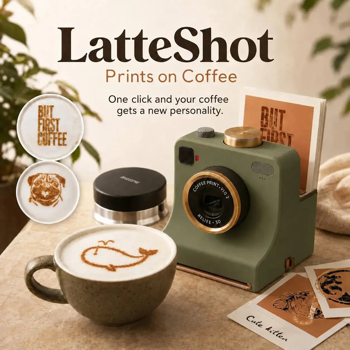 ✅【 Obsahuje 12 náhodně vybraných jednobarevných karet s modely.】🔥 Retro fotoaparát na latte art — Mechanická tiskárna šablon na latte art
