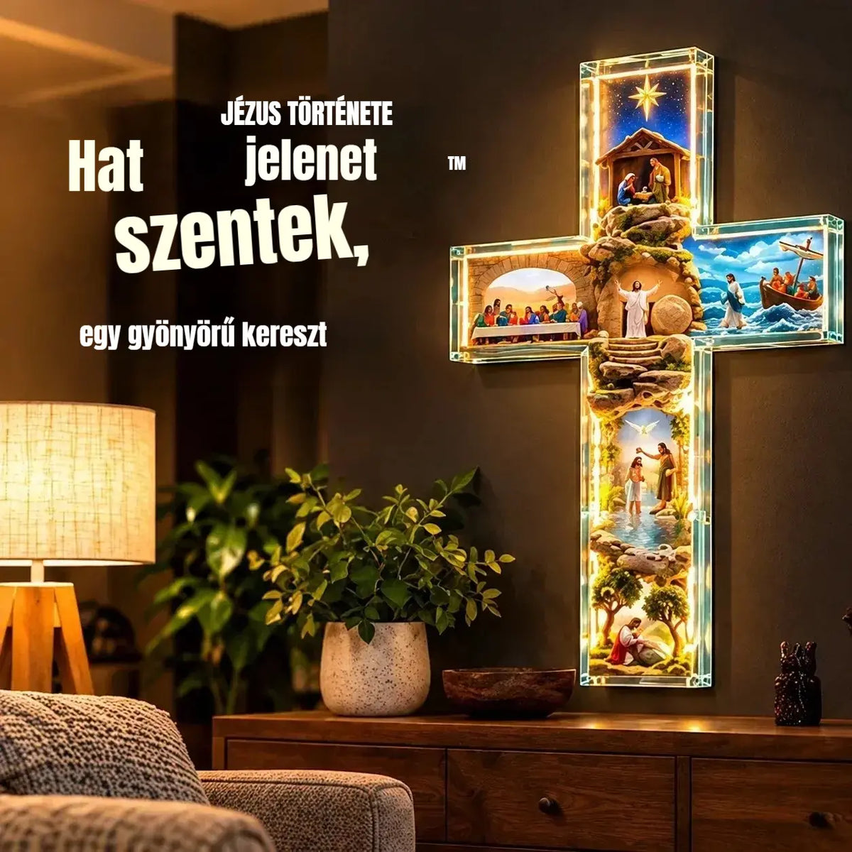 ✨ Féláras akció! ✝️ Kereszt alakú lámpa "Jézus története: Hat jelenet"