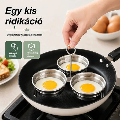 🍳Rozsdamentes acél tojástartó edény buggyantott és tükörtojáshoz – 3 szív/kör alakú üregből álló készlet, ideális reggelihez, desszertekhez és tortákhoz 🍳🍳