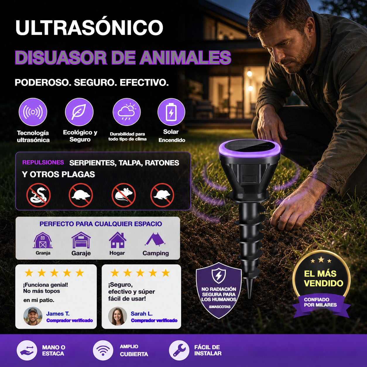 🔥 ¡Más de 100.000 unidades vendidas! 🛡️ Repele serpientes, insectos y roedores, ¡y protege tu hogar! 🏡️ Repelente ultrasónico de ratas con energía solar.