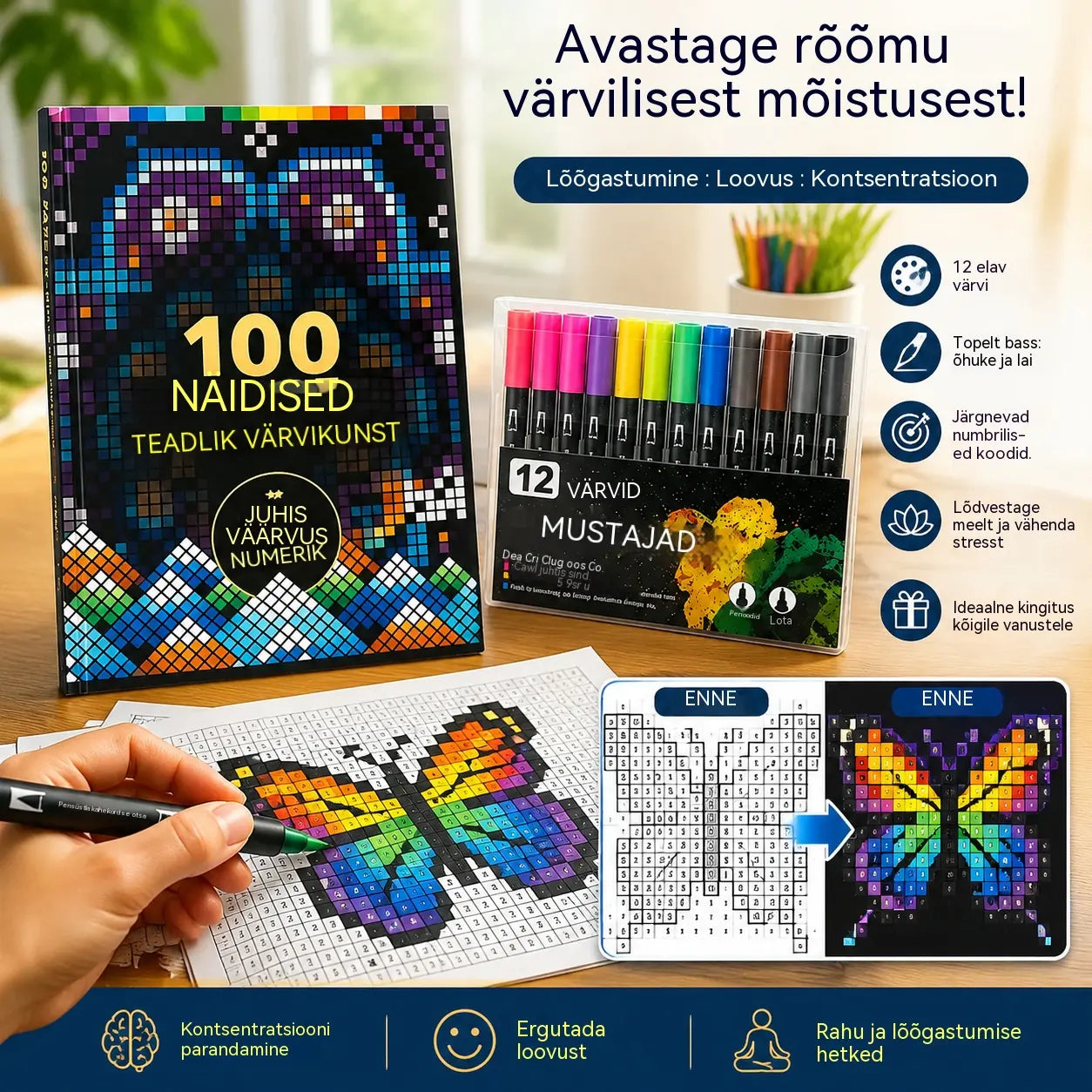 🛍️ Stressivastane värviraamatu komplekt "100 mustrit teadvelolekuks" 🎨 Maali numbrite järgi täiskasvanutele ja eakatele | 100 mustrit (lilled, mandalad) + markerikomplekt kaasas, aju treenimine ja lõõgastus