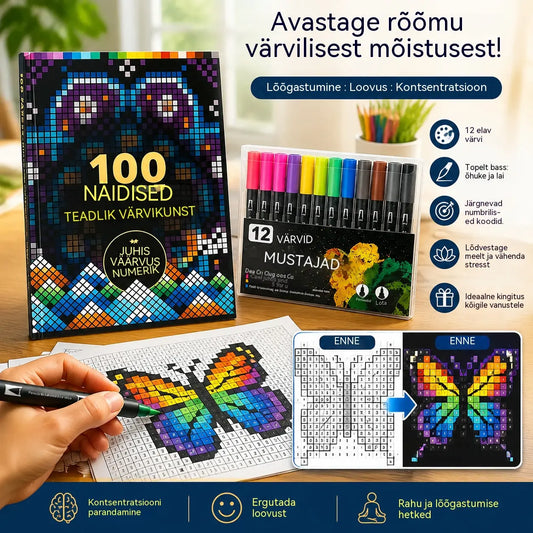 🛍️ Stressivastane värviraamatu komplekt "100 mustrit teadvelolekuks" 🎨 Maali numbrite järgi täiskasvanutele ja eakatele | 100 mustrit (lilled, mandalad) + markerikomplekt kaasas, aju treenimine ja lõõgastus