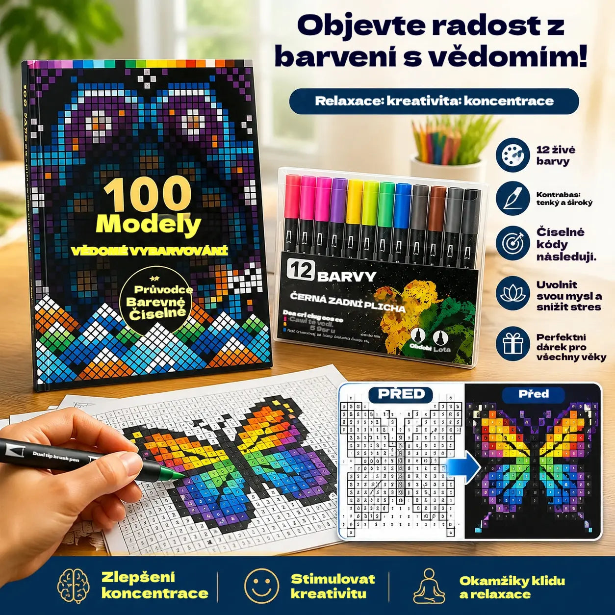 🛍️ Sada antistresových omalovánek "100 vzorů pro vědomé vybarvování" 🎨 Malování podle čísel pro dospělé a seniory | 100 vzorů (květiny, mandaly) + sada fixů v ceně, trénink mozku a relaxace