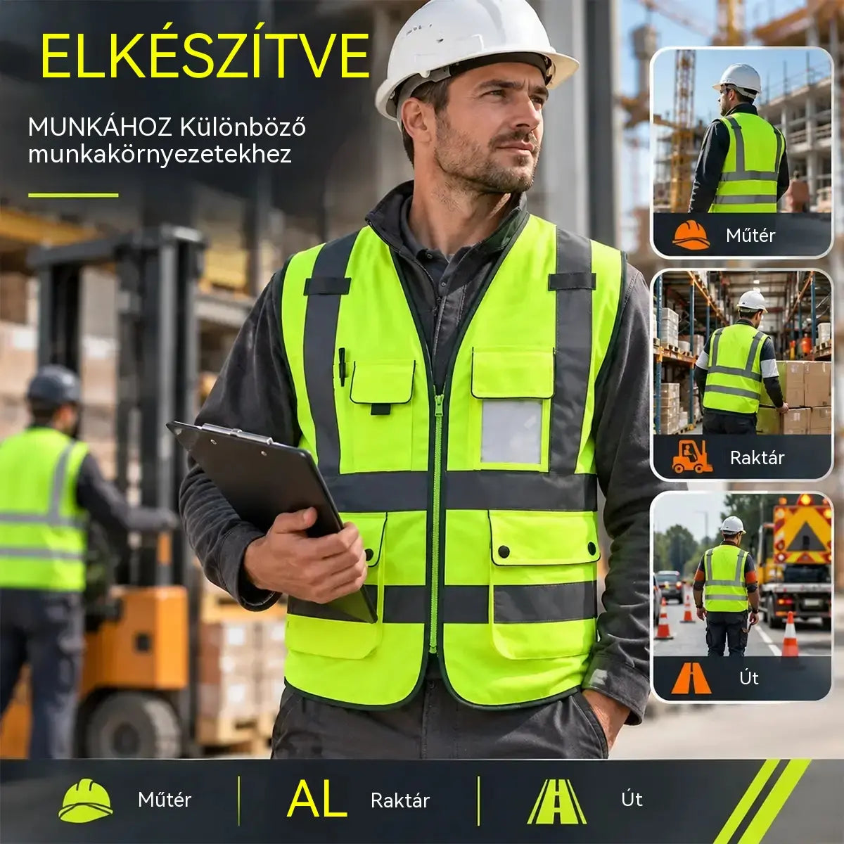 🦺 Többzsebes, fényvisszaverő munkavédelmi mellény – Maximális, 360 fokos láthatóság és praktikusság bármilyen munkakörnyezetben!