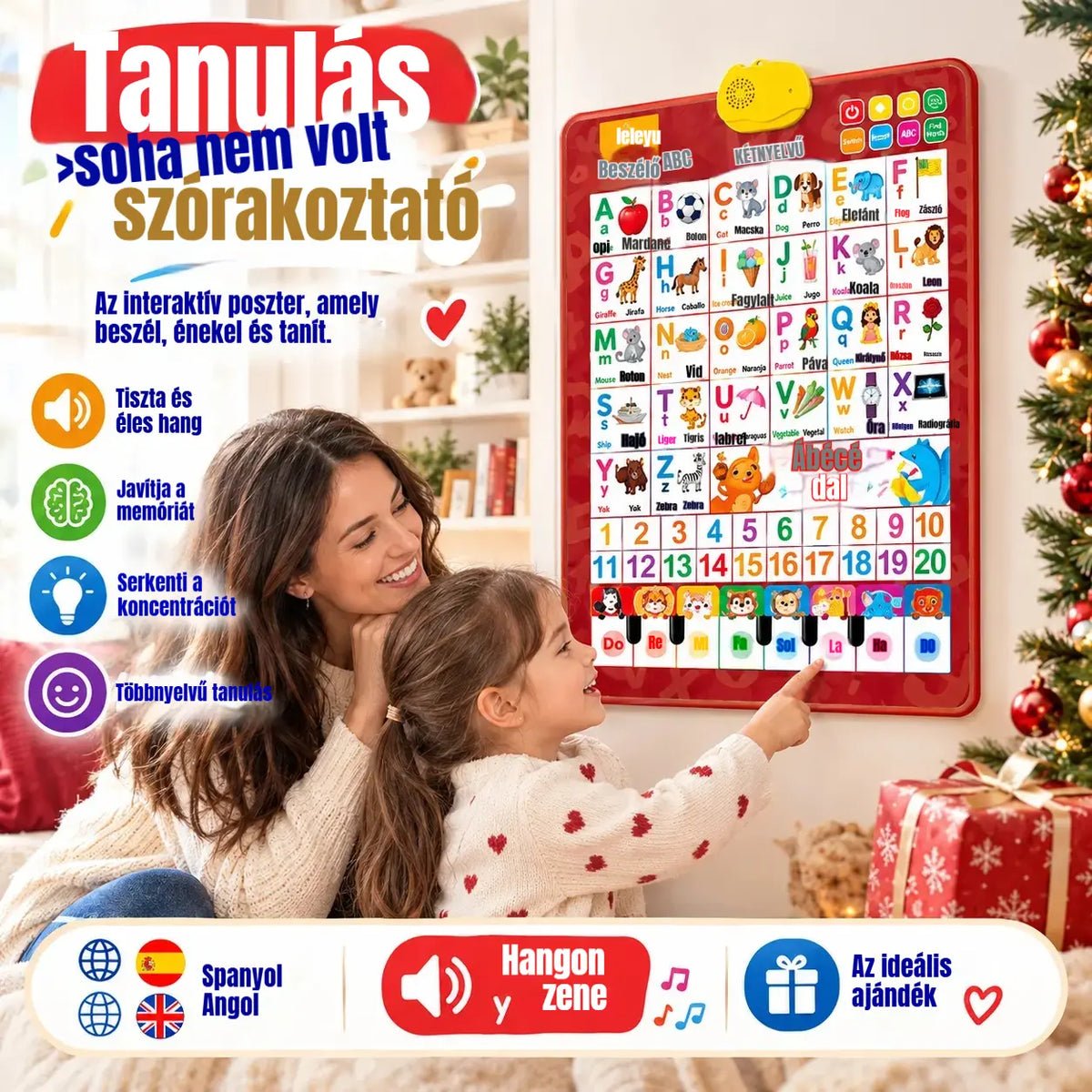 🔊 Beszélő oktató kétnyelvű spanyol–angol tábla | Hangos ábécé 26/27 betű | Luxus ajándékcsomag gyerekeknek 🎁