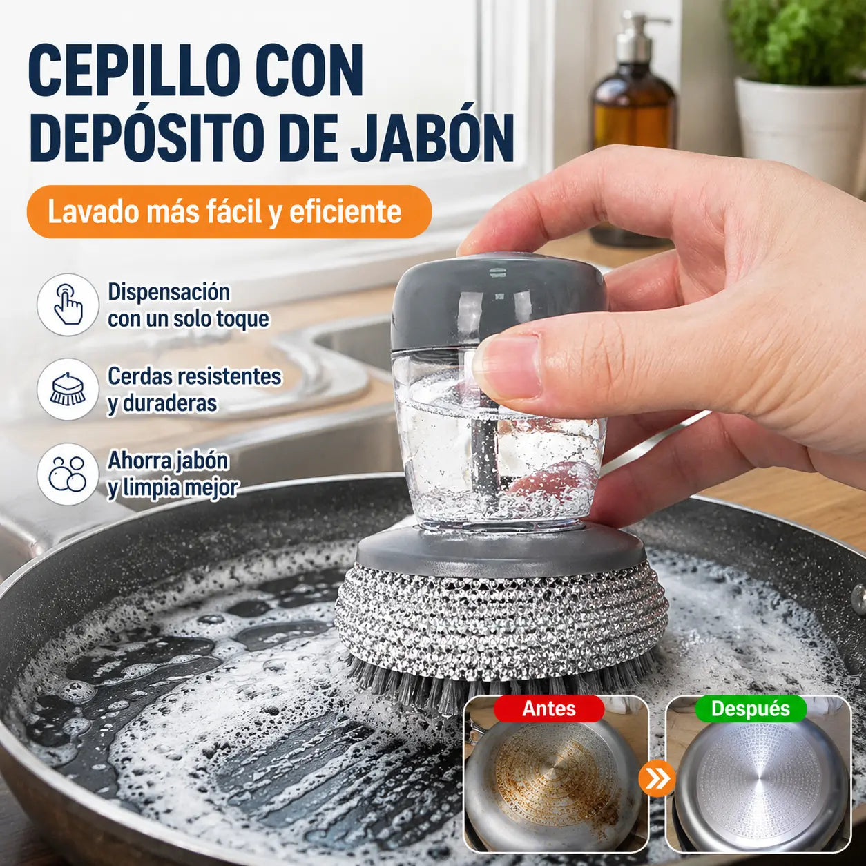 🏠【El cepillo para lavar platos viene con 5 bolas de repuesto.】1 por 25 euros ！Cepillo multiusos para ollas Fácil de usar - Duradero - Compacto - Práctico
