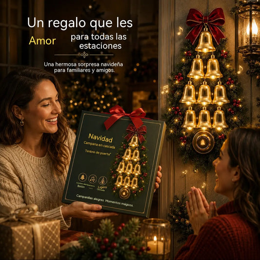 🔔 Timbre de puerta en cascada con campanas navideñas: decoración luminosa para puertas con sonido festivo 🎄