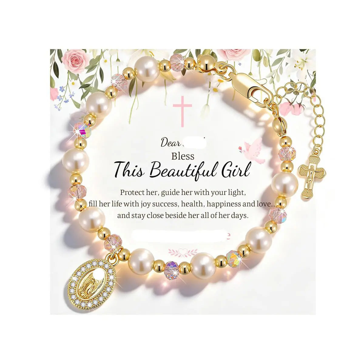 ✝️ Pulsera con cruz y piedra natal chapada en oro de 18 quilates ----- Pulsera con cruz y cuentas