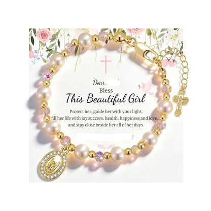 ✝️ Pulsera con cruz y piedra natal chapada en oro de 18 quilates ----- Pulsera con cruz y cuentas